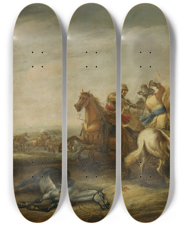 Triptych art skateboard deck of Abraham Van Der Hoef A Cavalry Battle by Abraham van der Hoef (1611-1666)