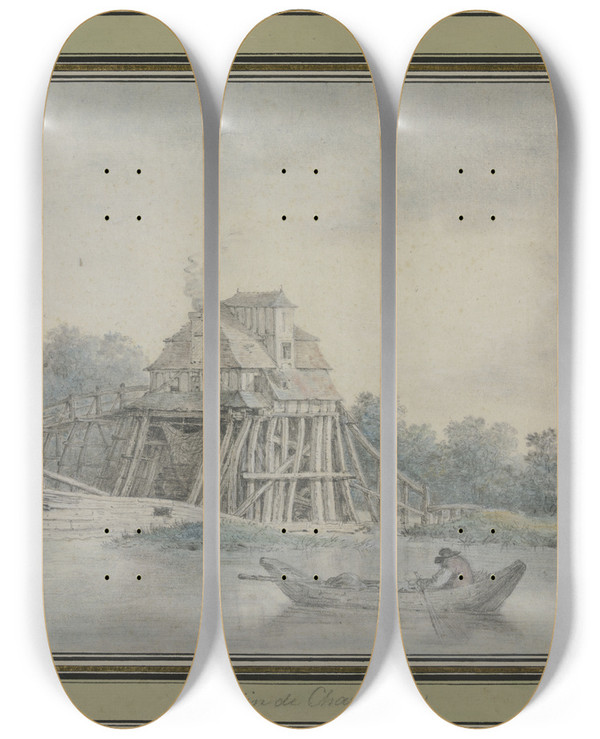 Triptych art skateboard deck of Mariegabrielflorentauguste De Choiseulgouffier Mill Near Charenton by Marie-Gabriel-Florent-Auguste de Choiseul-Gouffier