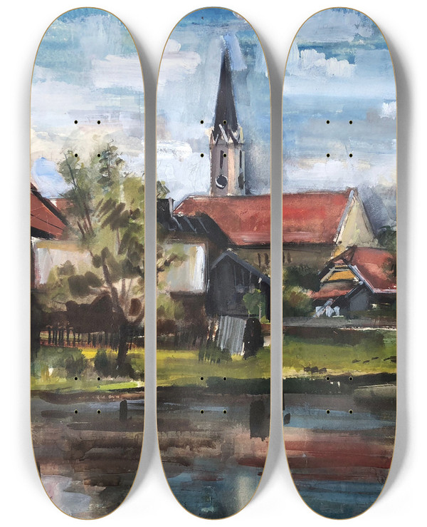 Triptych art skateboard deck of Otto Geigenberger Landschaft Mit Kirche by Otto Geigenberger (1881-1946)