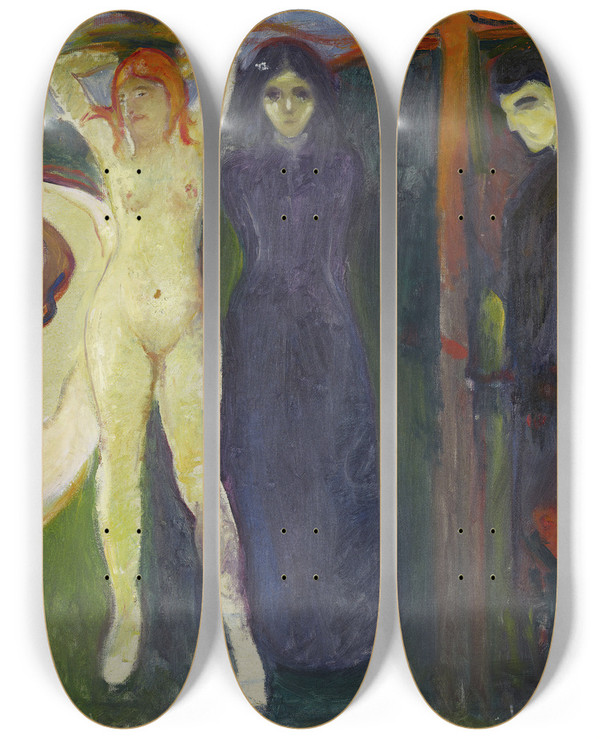 Triptych art skateboard deck of Edvard Munch Woman Sphinx by Edvard Munch (1863-1944)