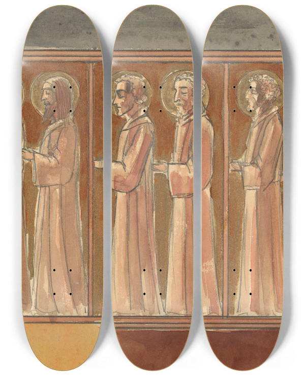 Triptych art skateboard deck of Lodewijk Schelfhout Zes Staande Biddende Heiligen by Lodewijk Schelfhout (1881-1943)