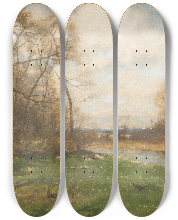 Triptych art skateboard deck of August Fink Pheasant By The Riverside by August Fink (1872-1916)