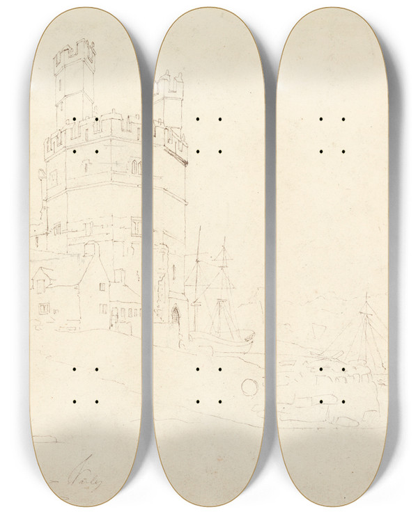 Triptych art skateboard deck of Cornelius Varley Carnarvon Castle by Cornelius Varley (1781-1873)