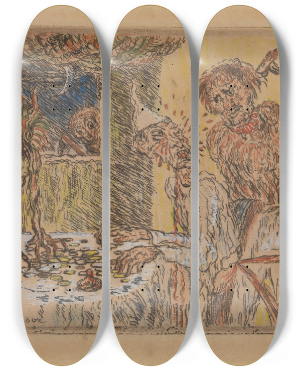 Triptych art skateboard deck of James Ensor Avarice by James Ensor (1860-1949)