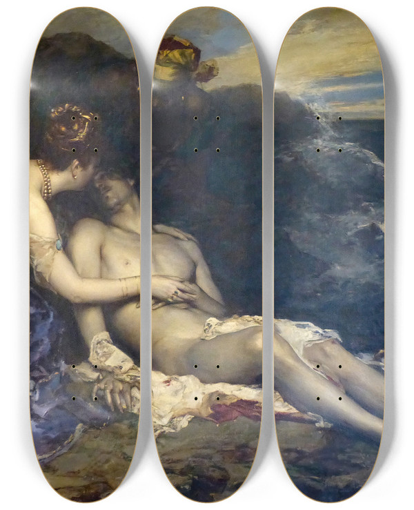 Triptych art skateboard deck of Alfred Philippe Roll Don Juan And Hadee by Alfred Philippe Roll (1846-1919)