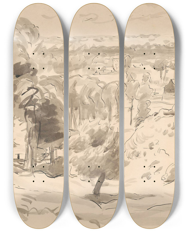 Triptych art skateboard deck of Zygmunt Waliszewski Extensive Landscape Nowe Miasto by Zygmunt Waliszewski (1897-1936)
