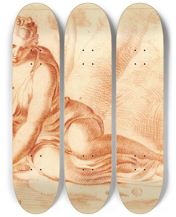 Triptych art skateboard deck of Cornelis Pronk Beeld Van Op De Grond Zittende Vrouw by Cornelis Pronk (1691-1759)