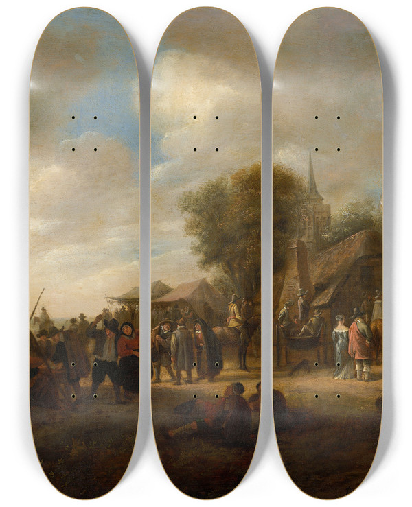Triptych art skateboard deck of Jan Steen Village Fair by Jan Steen (1626-1679)