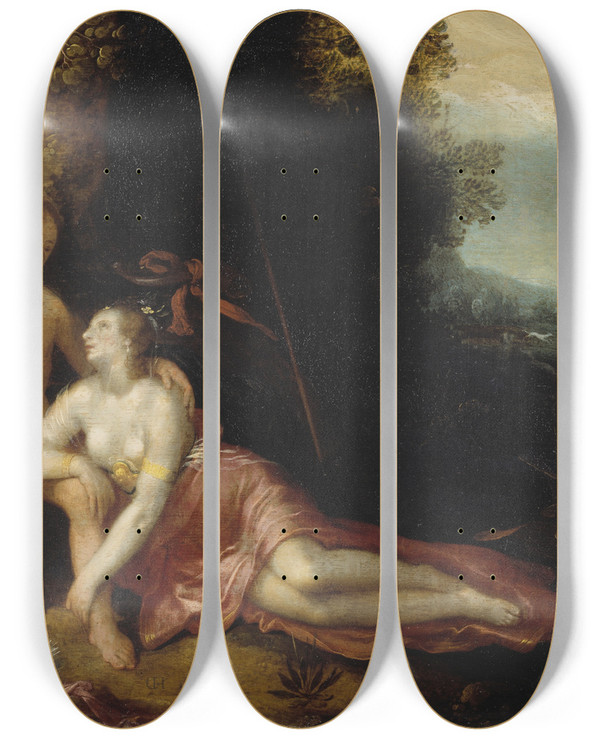 Triptych art skateboard deck of Cornelis Van Haarlem Venus And Adonis by Cornelis van Haarlem