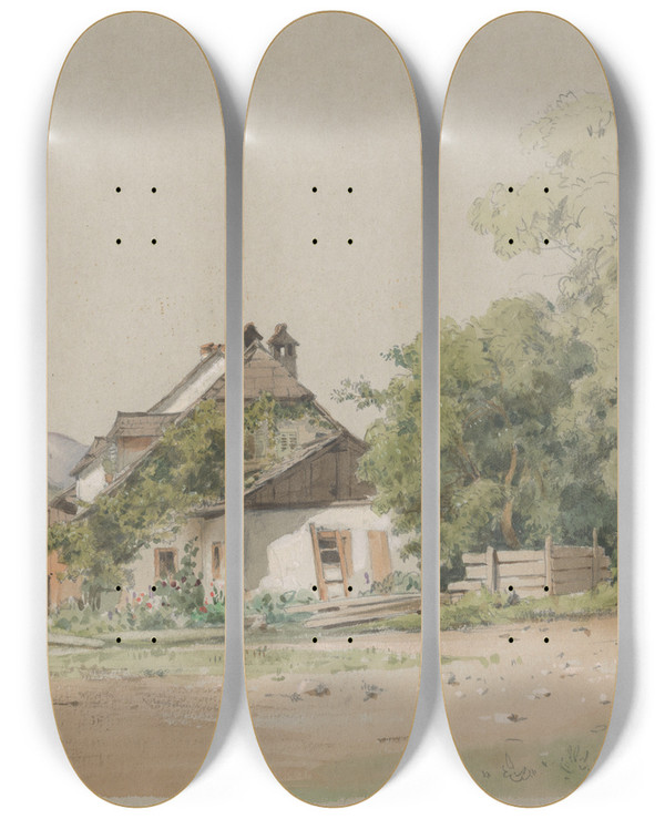 Triptych art skateboard deck of Jan Nowopack Village Cottage by Jan Nowopacky
