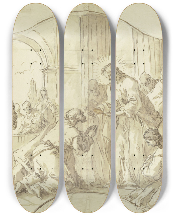Triptych art skateboard deck of Gaspare Diziani Christus Reicht Den Aposteln Das Abendmahl by Gaspare Diziani (1689-1767)