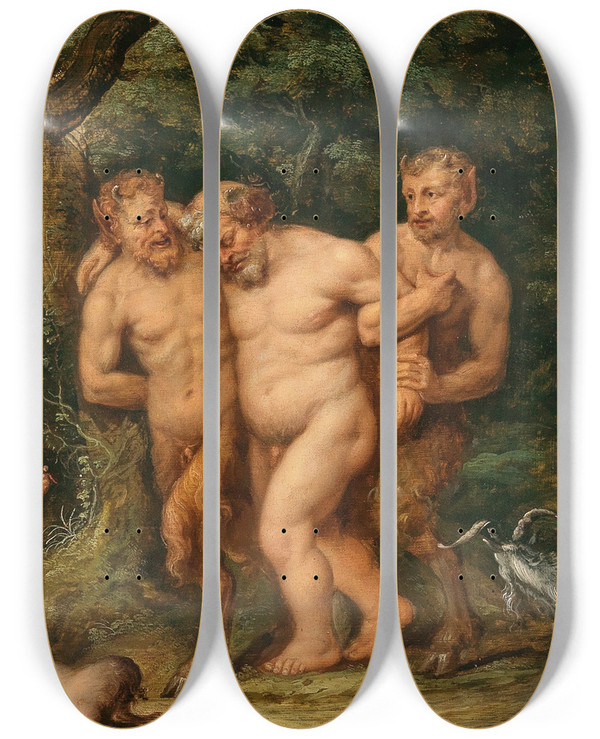 Triptych art skateboard deck of Frans Wouters The Drunken Silenus by Frans Wouters (1612-1659)