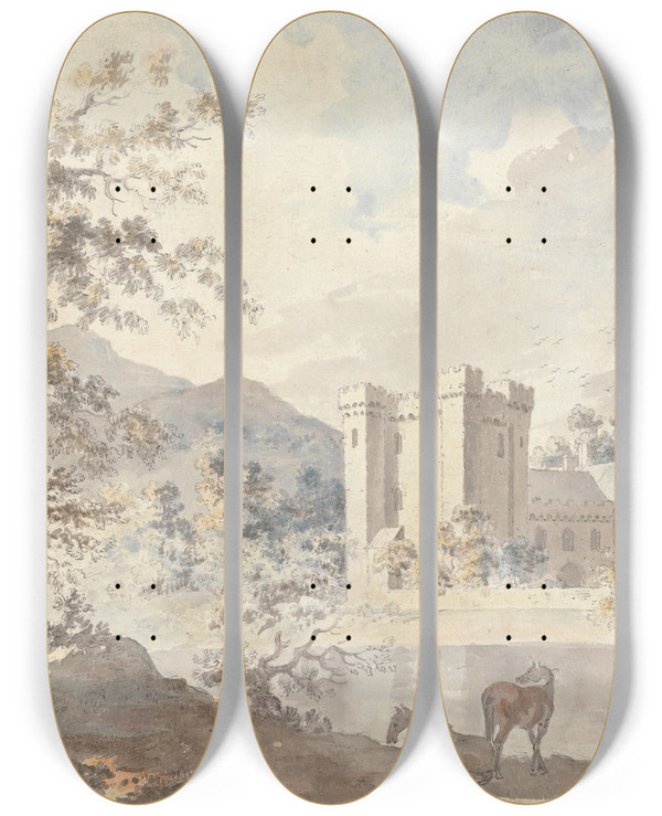 Triptych art skateboard deck of Sawrey Gilpin Castle Below Mountains With Horses By A River by Sawrey Gilpin (1733-1807)