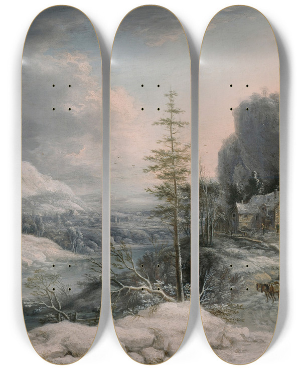 Triptych art skateboard deck of Jan Griffier A Winter Scene by Jan Griffier (1648-1718)