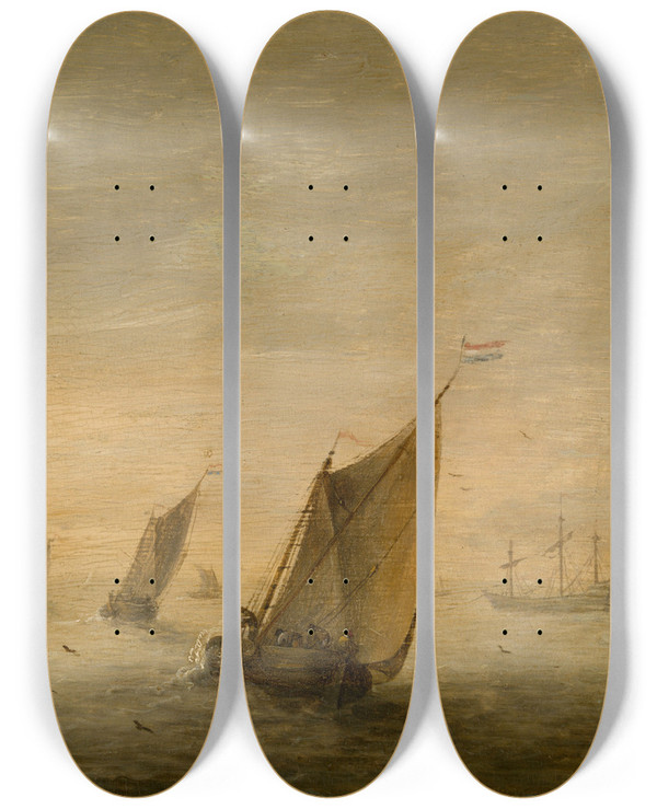 Triptych art skateboard deck of Simon De Vlieger Calm Sea_2 by Simon de Vlieger (1601-1653)