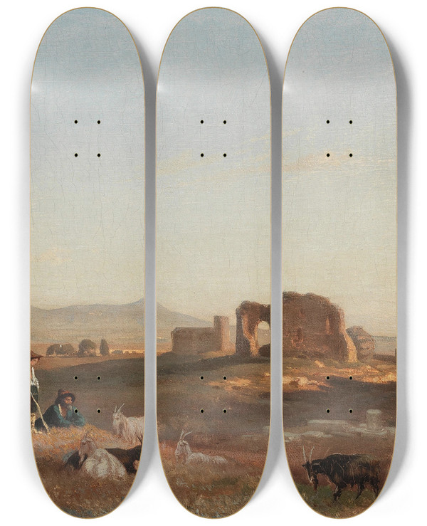 Triptych art skateboard deck of Andreas Marko A Southern Landscape With Ruins With Goats And Shepherds by Andreas Marko (1824-1895)