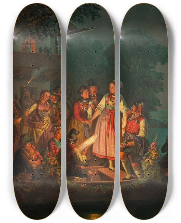Triptych art skateboard deck of Carl Friedrich Moritz Mller Bauernhochzeit by Carl Friedrich Moritz Mller (1807-1865)