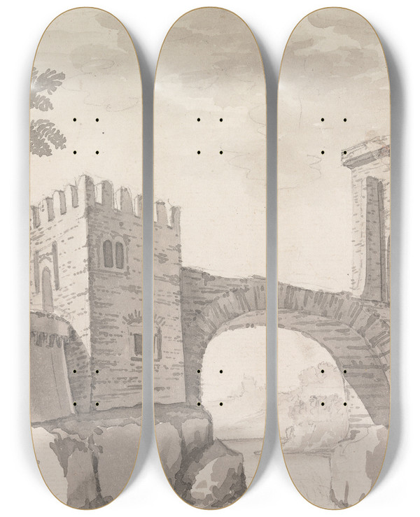 Triptych art skateboard deck of Henry Swinburne Stone Bridge by Henry Swinburne (1743-1803)