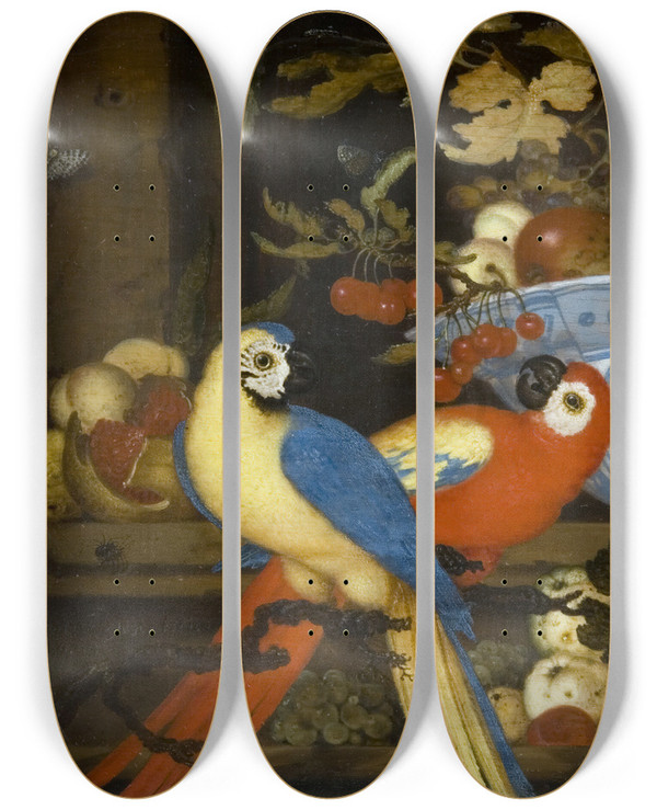 Triptych art skateboard deck of Balthasar Van Der Ast Fruit Still Life With Two Parrots by Balthasar Van Der Ast (1593-1657)