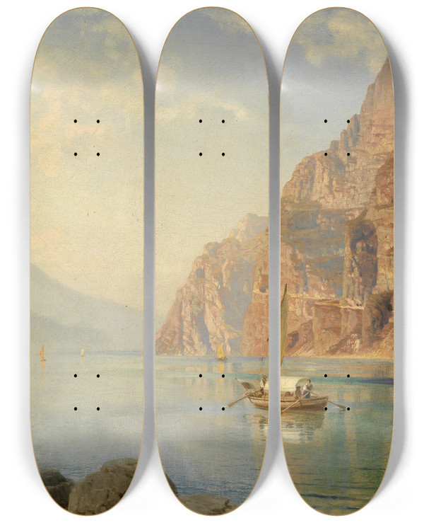 Triptych art skateboard deck of Anton Hlavacek Partie Am Comer See by Anton Hlavacek (1842-1926)