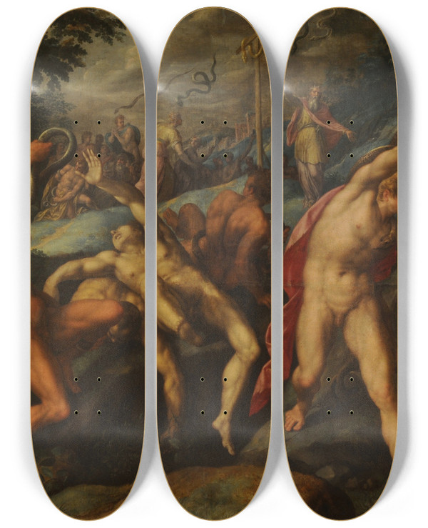 Triptych art skateboard deck of Hans Speckaert Moses Raising The Brazen Serpent by Hans Speckaert (1540-1577)