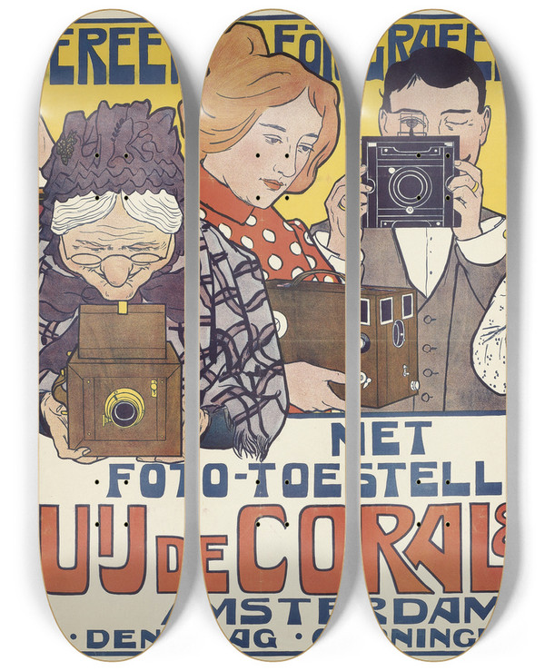Triptych art skateboard deck of Johann Georg Van Caspel Everyone A Photographer Poster For Guy De Coral Co by Johann Georg Van Caspel (1870-1928)