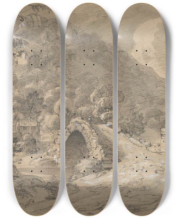 Triptych art skateboard deck of Isaac Weld Mountainous Landscape With A Bridge And House by Isaac Weld (1774-1856)