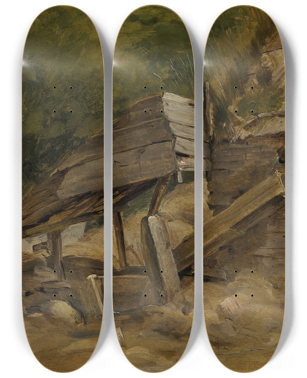 Triptych art skateboard deck of John Constable The Old Mill Shed Dedham by John Constable (1776-1837)