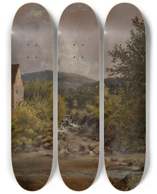 Triptych art skateboard deck of Jasper Francis Cropsey The Old Mill by Jasper Francis Cropsey (1823-1900)