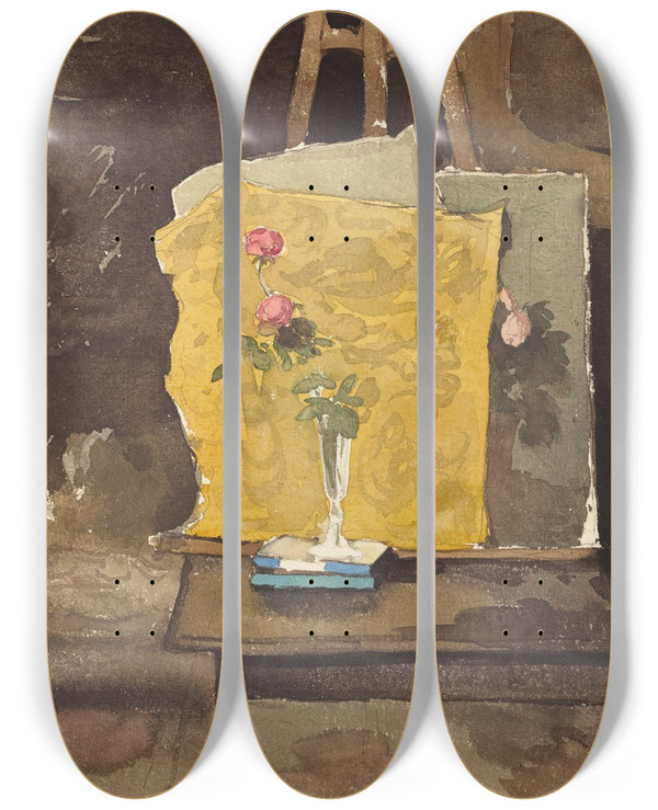Triptych art skateboard deck of Henrijoseph Harpignies A Corner Of A Studio by Henri Joseph Harpignies (1819-1916)