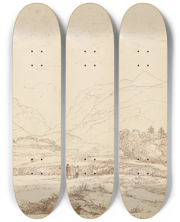 Triptych art skateboard deck of Thomas Hastings River Laune From The High Road From Killarney Aghadoe 6 September 1841 by Thomas Hastings (1778-1854)
