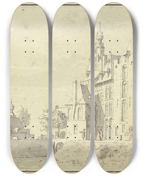 Triptych art skateboard deck of Cornelis Pronk Thuis Den Ooy Van Vooren by Cornelis Pronk (1691-1759)