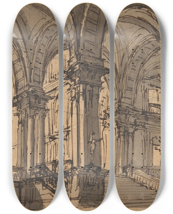 Triptych art skateboard deck of Giovanni Battista Natali Iii Design For Stage Set_1 by Giovanni Battista Iii Natali (1698-1765)