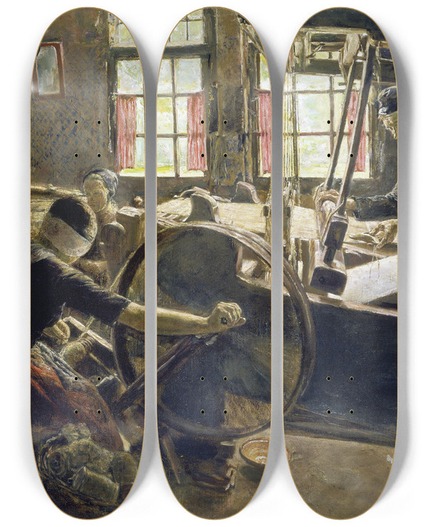 Triptych art skateboard deck of Max Liebermann The Weaver by Max Liebermann (1847-1935)