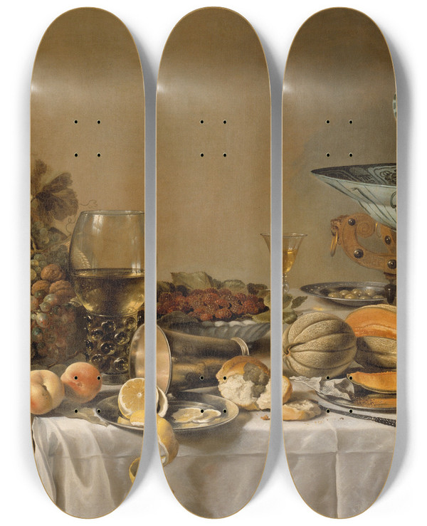 Triptych art skateboard deck of Pieter Claesz Still Life_3 by Pieter Claesz (1596-1660)