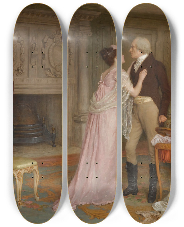Triptych art skateboard deck of Charles Haighwood Love Will Triumph by Charles Haigh Wood (1856-1927)