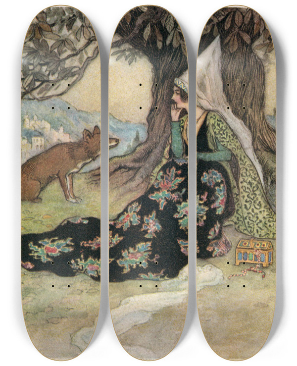 Triptych art skateboard deck of Warwick Goble Grannonia And The Fox by Warwick Goble (1862-1943)