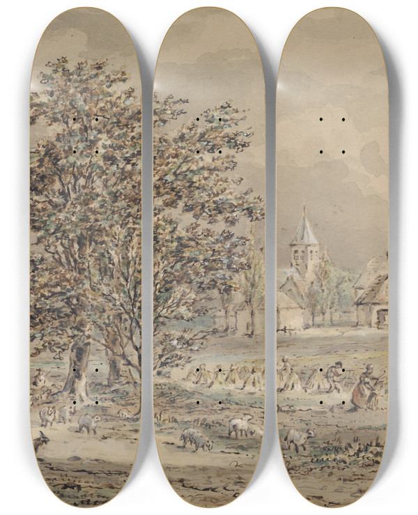 Triptych art skateboard deck of Gerardus Emaus De Micault Gezicht Op Het Dorp Zoelmond by Gerardus Emaus De Micault (1798-1863)