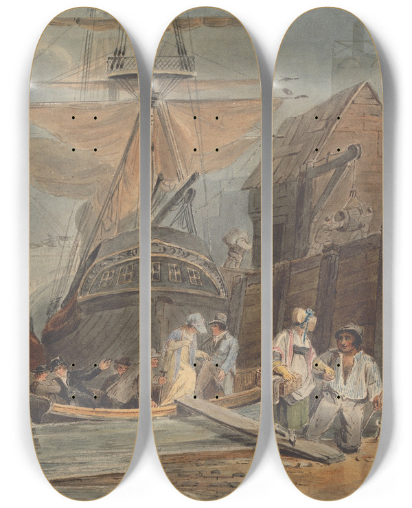 Triptych art skateboard deck of Luke Clennell Ships At Wharf With Passengers Disembarking by Luke Clennell