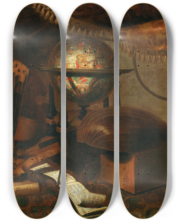 Triptych art skateboard deck of School Of Bergamo Musical Instruments A Globe Book And Music Sheets On A Table by School of Bergamo