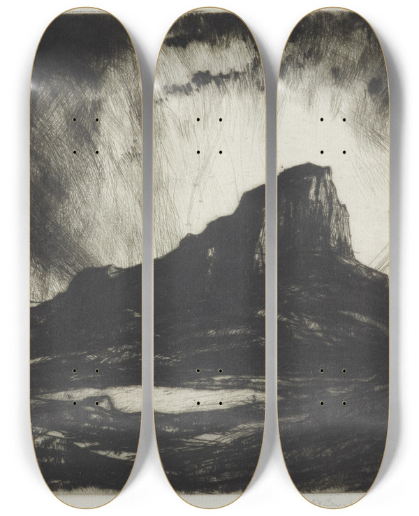 Triptych art skateboard deck of David Young Cameron The Scuir Of Eigg by David Young Cameron (1865-1945)