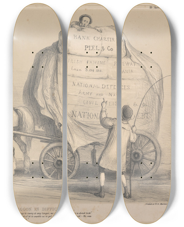 Triptych art skateboard deck of John Doyle The State Wagon In Difficulties by John Doyle (1939)