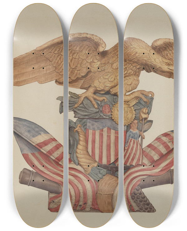 Triptych art skateboard deck of American 20Th Century Pine Ornament Eagle by American 20Th Century