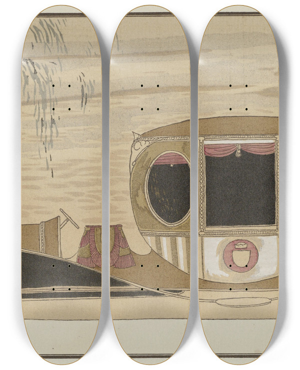 Triptych art skateboard deck of Charles Martin Carrosse Automobile De Grand Gala by Charles Martin (1884-1934)
