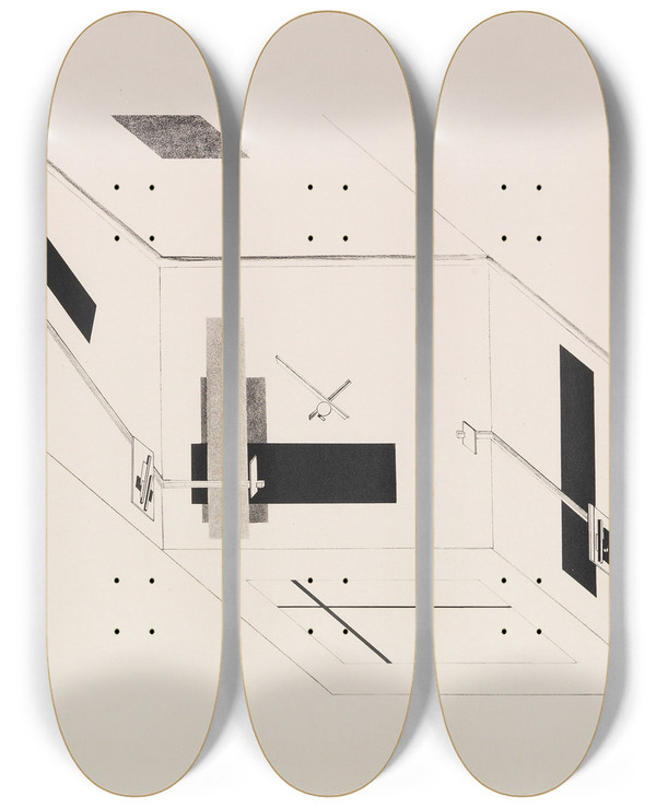 Triptych art skateboard deck of El Lissitzky Der Prounenraum Blatt 5 Der I Kestnermappe Proun by El Lissitzky (1890-1941)