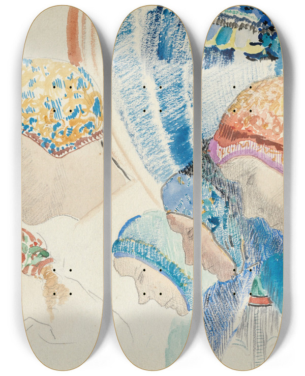 Triptych art skateboard deck of Odilon Redon Profils De Hollandaises by Odilon Redon (1840-1916)
