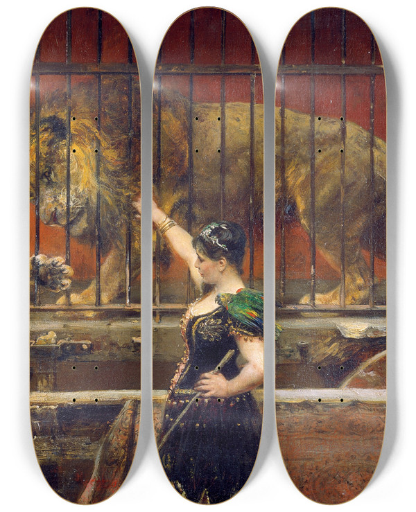Triptych art skateboard deck of Paul Friedrich Meyerheim The Jealous Lioness by Paul Friedrich Meyerheim (1842-1915)