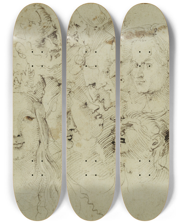 Triptych art skateboard deck of Hans Baldung Studies Of Heads by Hans Baldung (1484-1545)