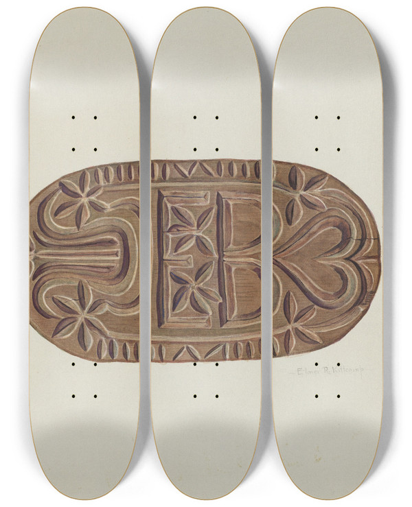 Triptych art skateboard deck of Elmer R Kottcamp Grain Sack Stamp by Elmer R Kottcamp