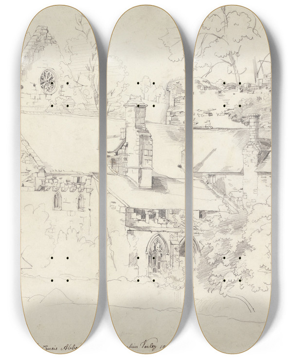 Triptych art skateboard deck of Cornelius Varley Valle Crucis Abbey Denbighshire by Cornelius Varley (1781-1873)